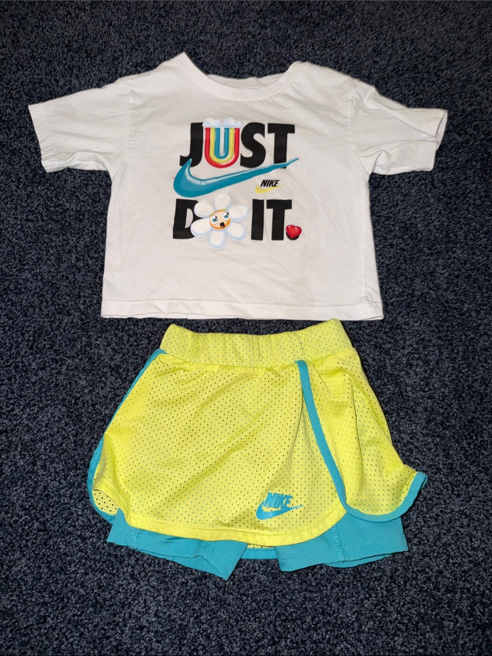 Nike White Tee with Multicolor 'Just Do It' & Yellow-Teal Athletic Shorts
